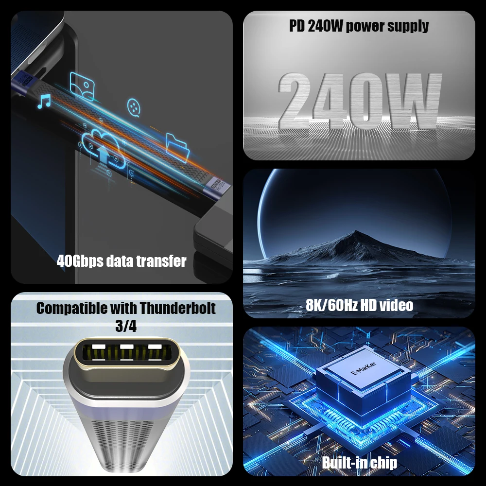 240W USB4.0 40Gbps USB C Type C Male to Male Flat Data Short Cable PD Fast Charging Cable 8K@60Hz Audio/Video Adapter for Laptop