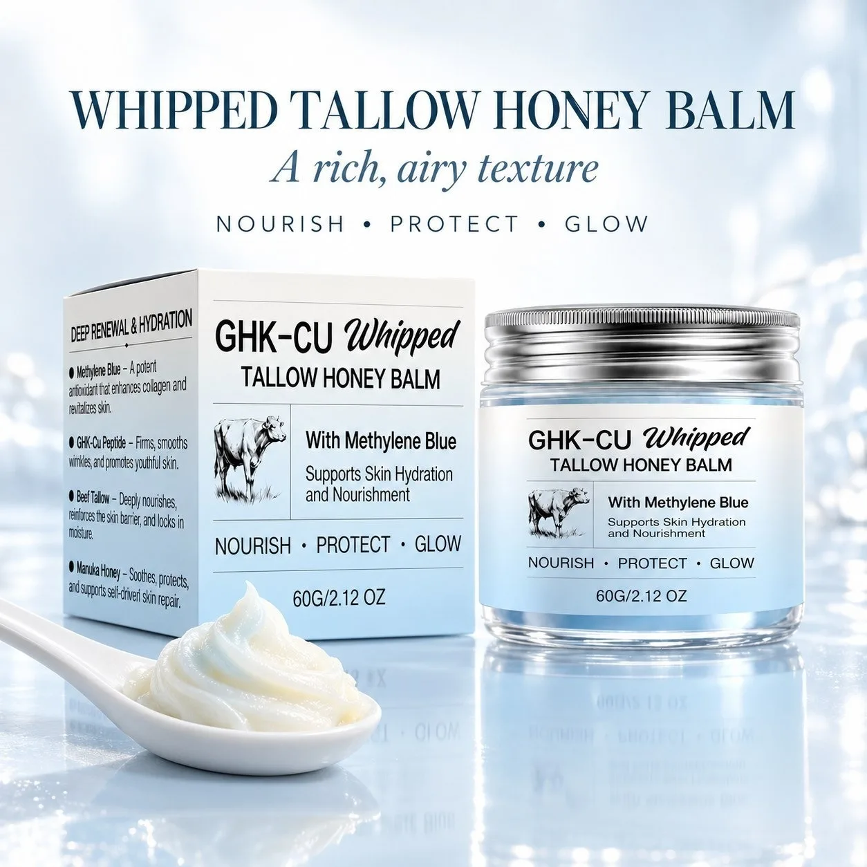 GHK-Cu Whipped Tallow Balm 60g Methylene Blue Manuka Honey Vitamin E Facial Cream Deep Hydrating Natural Skin Care Balm