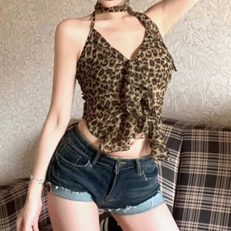 

Zeyla женский сексуальный леопардовый топ с лямкой на шее Y2K, укороченный топ с рюшами и отделкой, летний весенний модный повседневный жилет для вечеринок