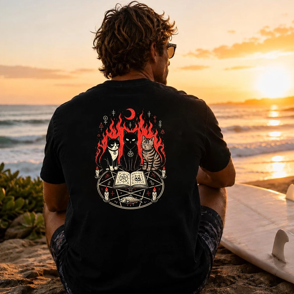 Witch Cats Pentagram Occult Graphic T-Shirt Men Back Print Gothic Dark Magic Crescent Moon Flame Cotton Short Sleeve Unisex Tee