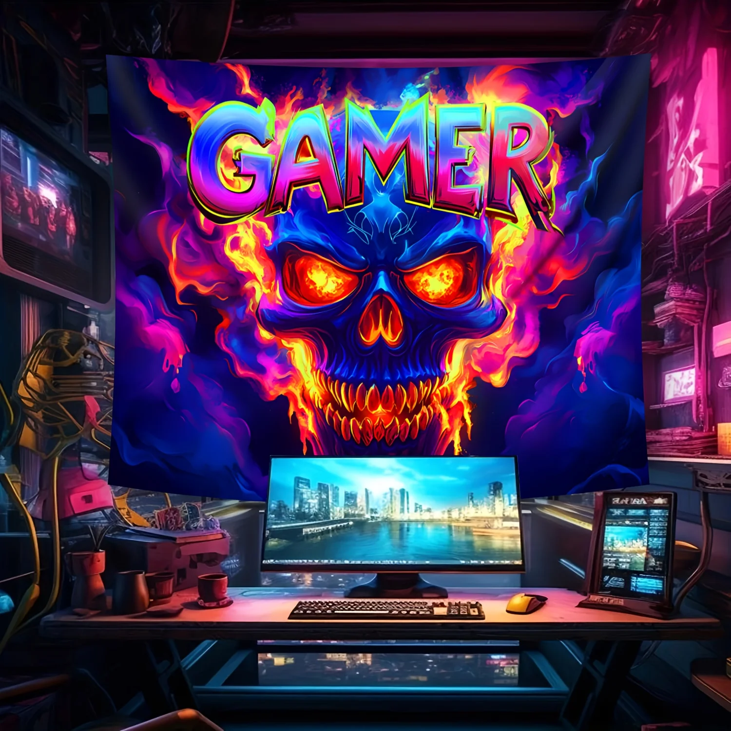 VIKAMA Cyber Skull Gaming Tapestry Neon Flame Gaming Room Bohemian Bedroom Room Decorative Art Backdrops