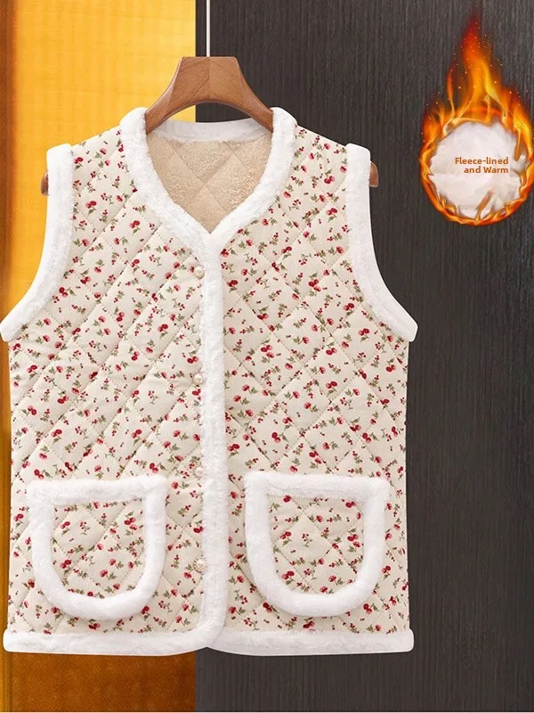 سترة نسائية أنيقة مبطنة بالصوف مع نقشة زهور للخريف والشتاء، سميكة مصنوعة من ألياف البوليستر