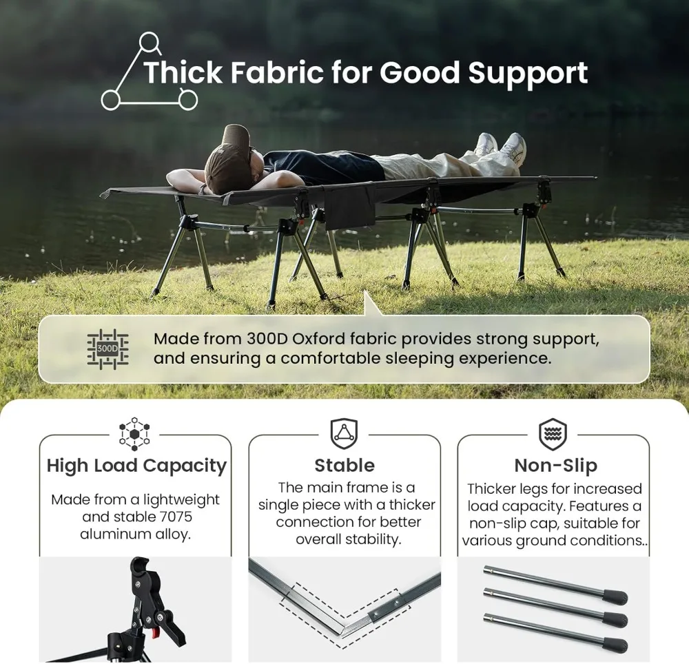 

Adjustable Height Camping Cot with Leg Extenders, 330lbs Support, Lightweight Foldable Bed for Outdoor Travel