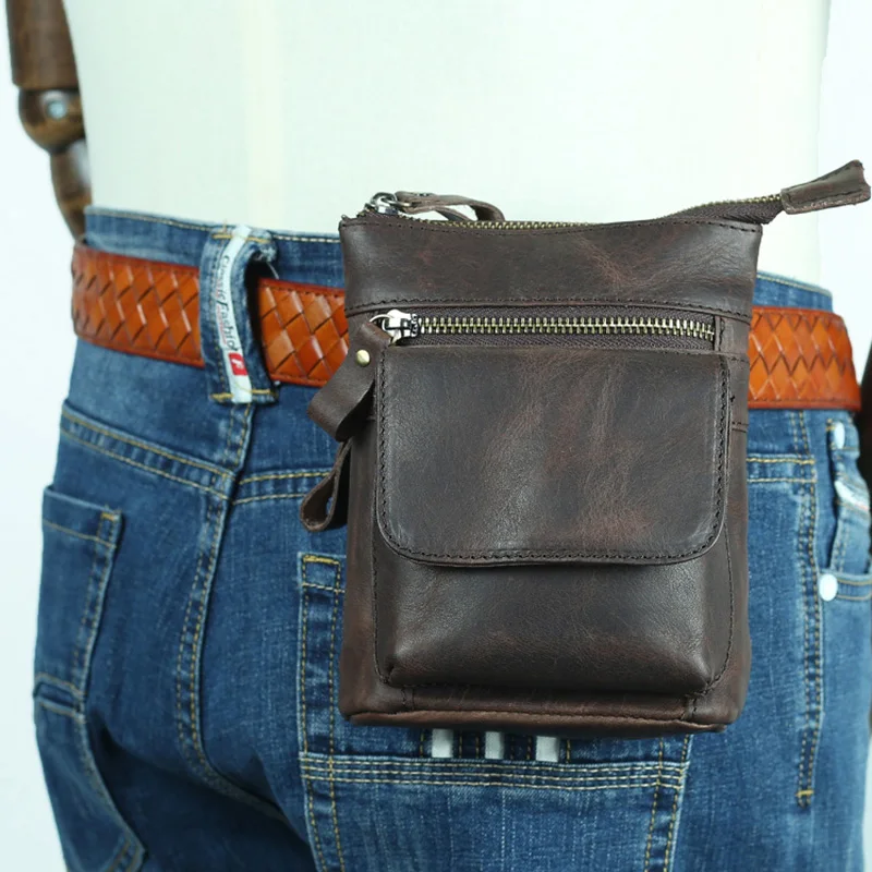 Waist Pouch Belt Mounted Casual Daily Storage Phone Bag Vintage Genuine Cowhide Leather Distressed Patina Outdoor Waist Bag Men