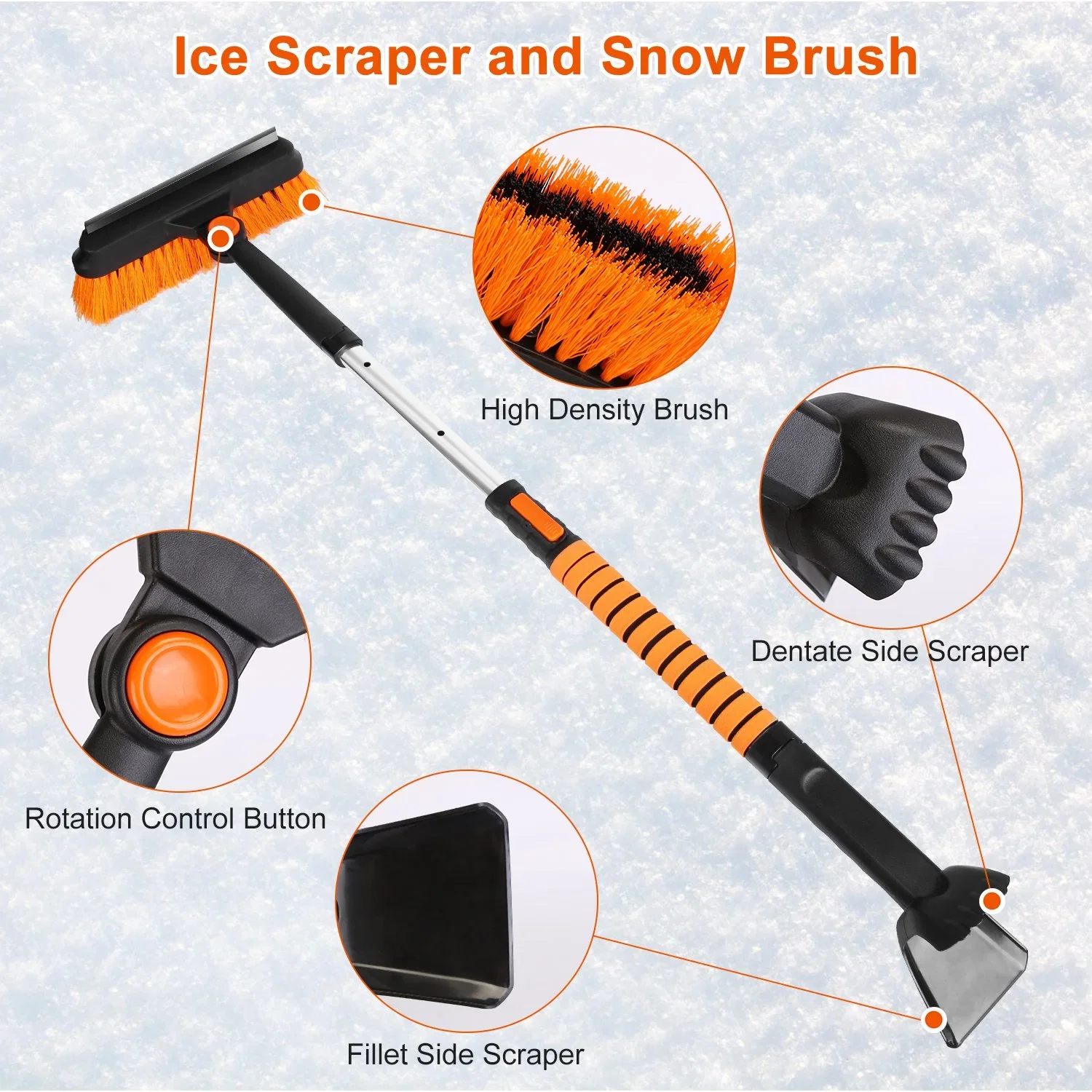 5 in 1 Detachable Snow Remover Kits Extendable Ice Scraper Snow Shovel 180° Adjustable Snow Brush Head for Car Windshield Roof