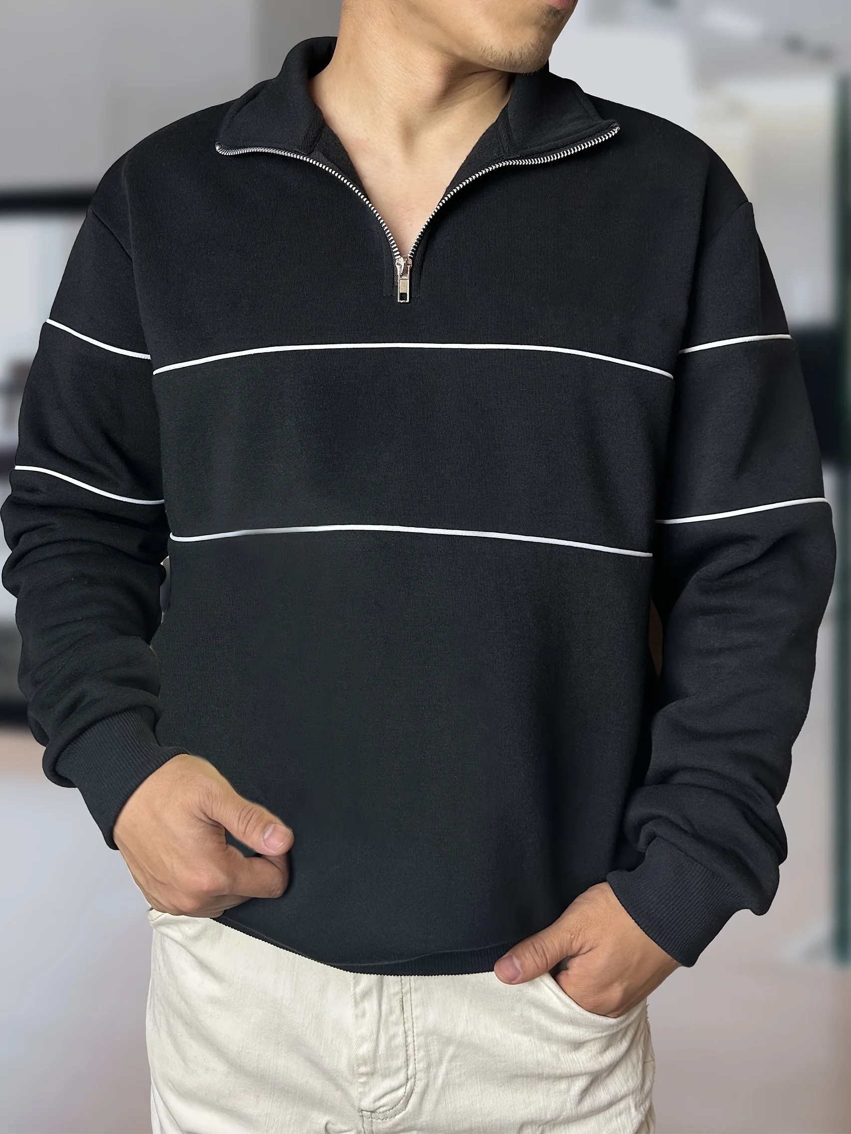 

Autumn Winter Fashion Striped Colour Block Print Men's Half-zip Stand Collar Shirt Breathable Polyester Long Sleeve Men Clothing