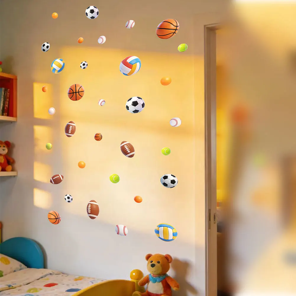 Set of 4 Sports Wall Stickers Made from PVC Featuring Basketball and Football Designs for Room Playroom Living Area Decor