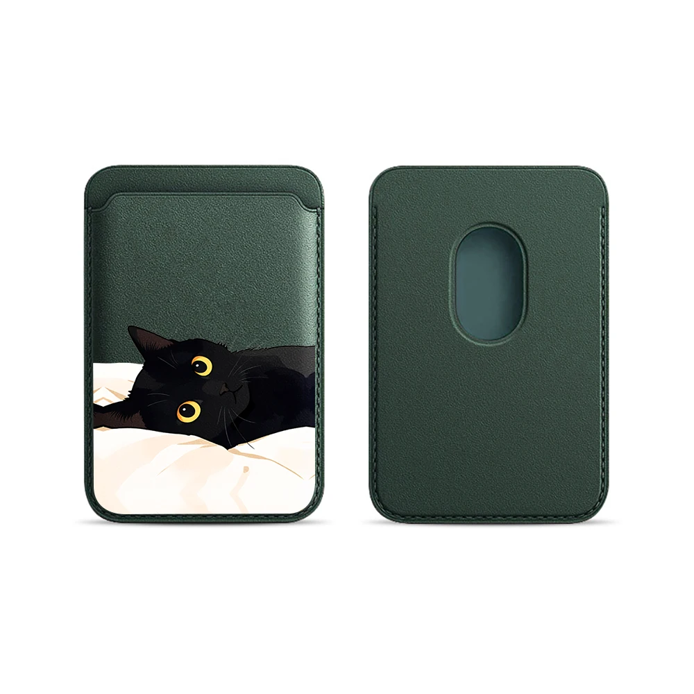 Schwarze Katzen-Leder-Kartenhülle für das Handy, geeignet für alle iPhone-Hüllen, Magsafe magnetische Kartenhalterung, einfache Handy-Rückentasche – Detail 17