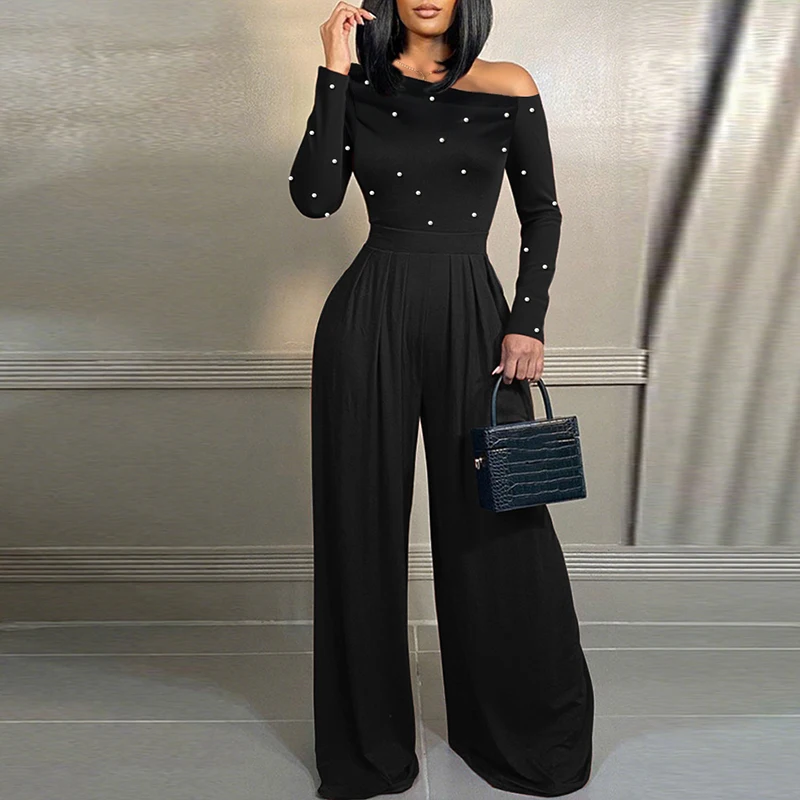 Moda irregolare gamba larga tutina donna colletto diagonale vita alta tuta da ufficio nuova primavera pois stampato pagliaccetto casual