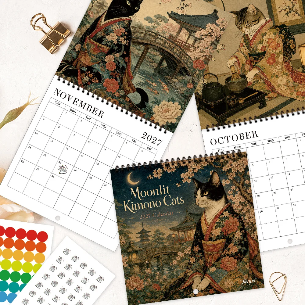 1pc 2027 Moonlit Kimono Ukiyo-e Wall Calendar,12‑Month Planner,Gift For Back‑to‑School,Christmas,New Year,Free Stickers Included