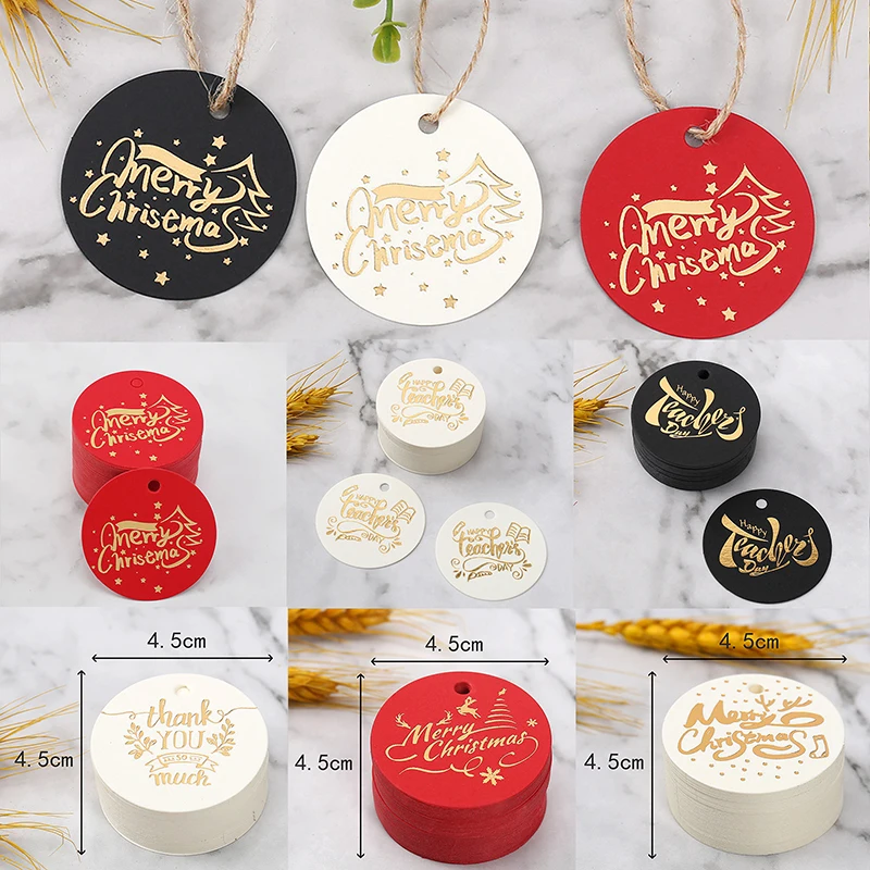 100 sztuk brązujące wesołych świąt tagi prezent powiesić etykiety okrągłe papierowe etykiety dekoracje na choinkę DIY rzemiosło odzież tagi odzieżowe