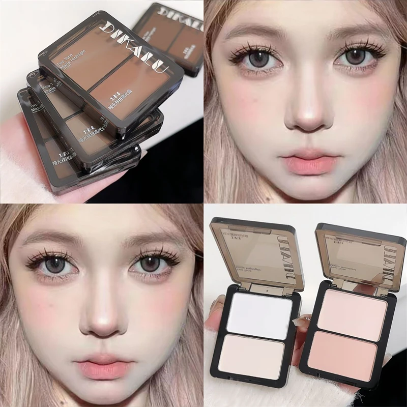 2 Tone Matte Contour & Shimmer Highlighter Palette – Dual Powder for Nose Shadow Eye Socket Brightening, Oil-Control Face Sculpt