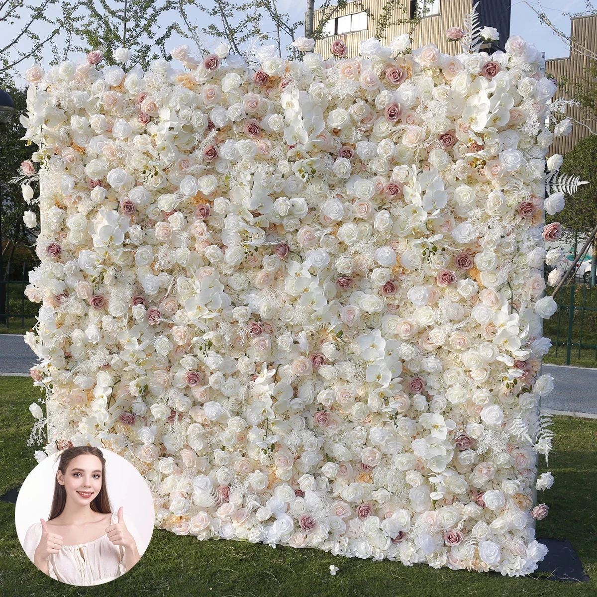 Wholesale White Blue Pink Rose Roll up Artificial 5D 3D Silk Flowers Wall Backdrop Panel For Weddings Party Decoration