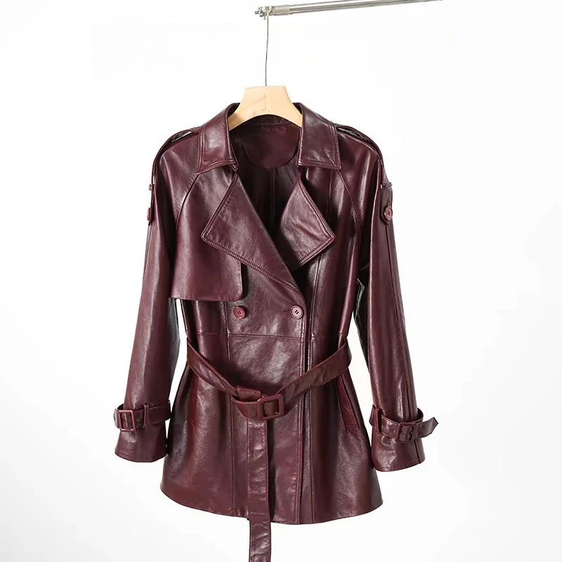 Coupe-vent classique en cuir bordeaux pour femmes, Trench-Coat mi-long en peau de mouton avec ceinture, hiver 2025, 100%