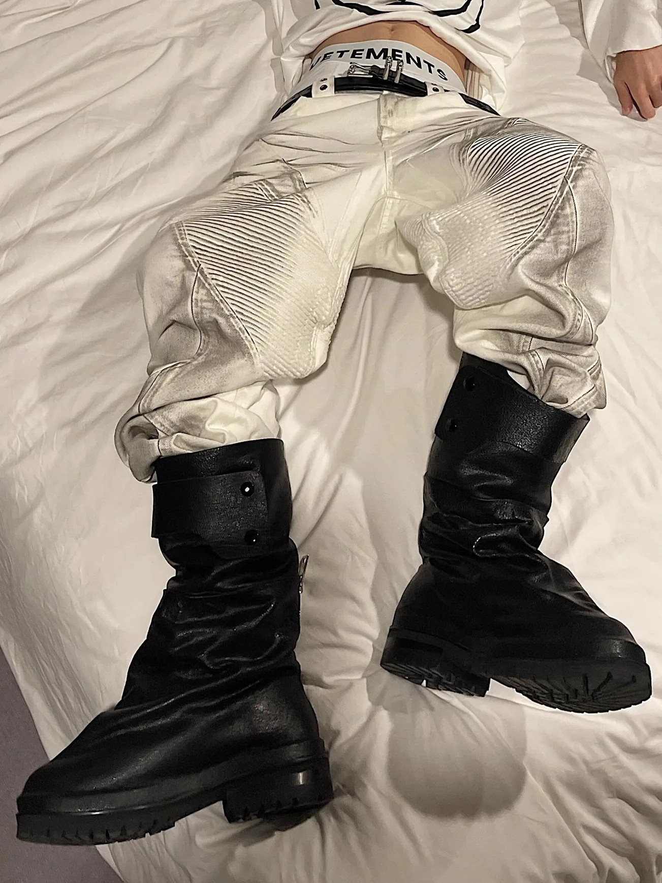 

Retro Faded 424 Pleated Faion Boots Punk Motorcycle Men's k Mid-Calf Knight Boots Loose Long Boots Leather Patchwork Str...