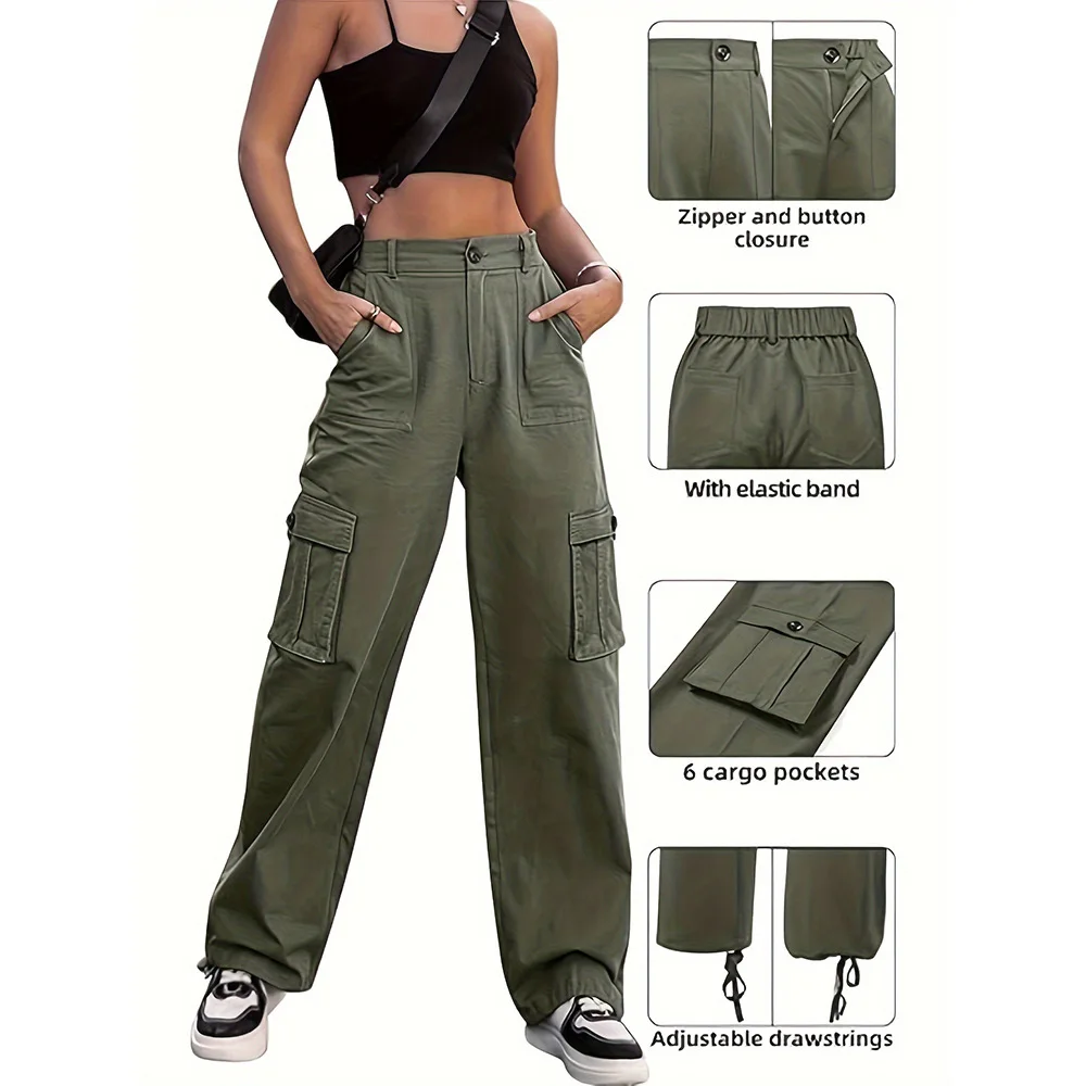Women Multi Pocket Cargo Casual Loose Wide Leg Pants Trousers