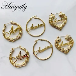Haiyufly 50mm Custom Name Hoop Earring for Women Stainless Steel Jewelry Personalized Heart Round Nameplate Birthday Gift