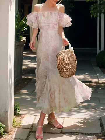 Elegant Pink Floral Princess Dress for Women, Bohemian Off-the-Shoulder Ruffle Design with Spaghetti Straps and Layered Hem, Pol