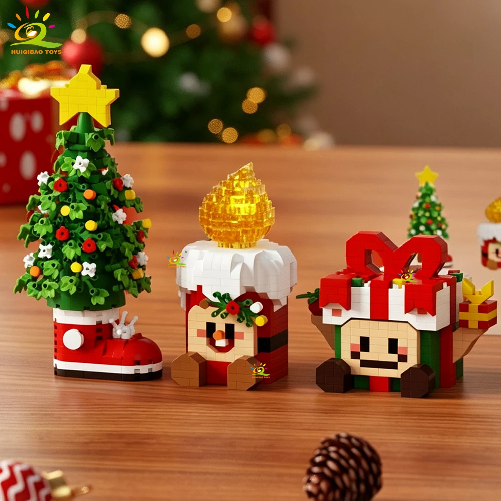 HUIQIBAO Christmas Micro Building Blocks Set Santa Claus Christmas Tree Reindeer Candle Gift Box Model Kids DIY Assemble Bricks