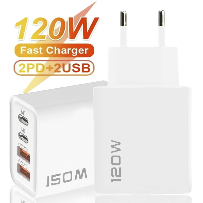 120W 4 Ports Fast Charging Dual PD USB Wall Adapter Charger QC3.0 Mobile Phone Charging EU/US/UK Plug for Samsung IPhone Huawei