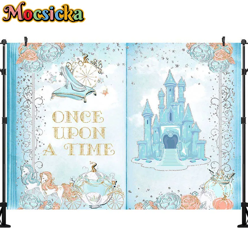 Mocsicka Castle Birthday Backdrop Girls Cinderella Blue and Silver Photography Background Princess Carriage Cake Table Banners