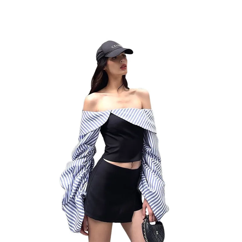 

Women's Clothing 2024 Summer New Product Fashion Striped Contrasting One Off Shoulder Slim Fit Long Sleeved Top For Women