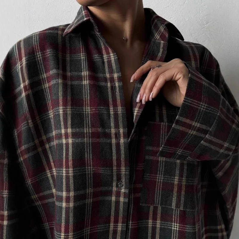 

Ретро-рубашка в стиле Харадзюку с длинными рукавами и клетчатым узором, женская блузка, однобортная рубашка с отложным воротником, повседневная уличная одежда