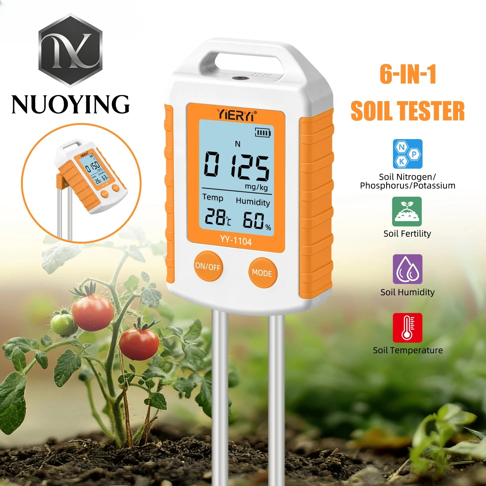Medidor de Suelo Profesional 6 en 1, Analizador de Fertilizantes NPK con Pantalla LCD Retroiluminada, Sonda Dual, Monitor de Humedad y Temperatura para Jardín y Plantas en Maceta