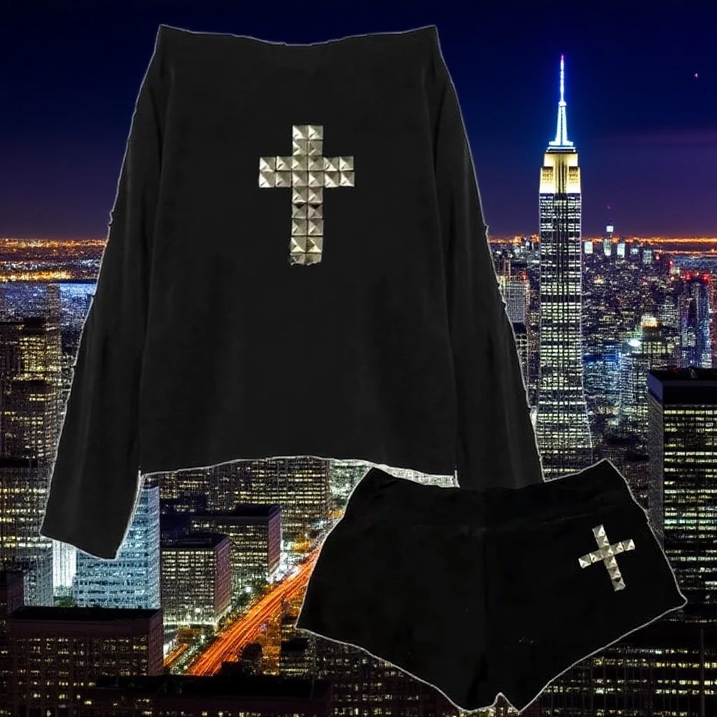 

Y2k long sleeved rivet decorated cross pattern rock goth unique long sleeved T-shirt set street wear punk simple and versatile K
