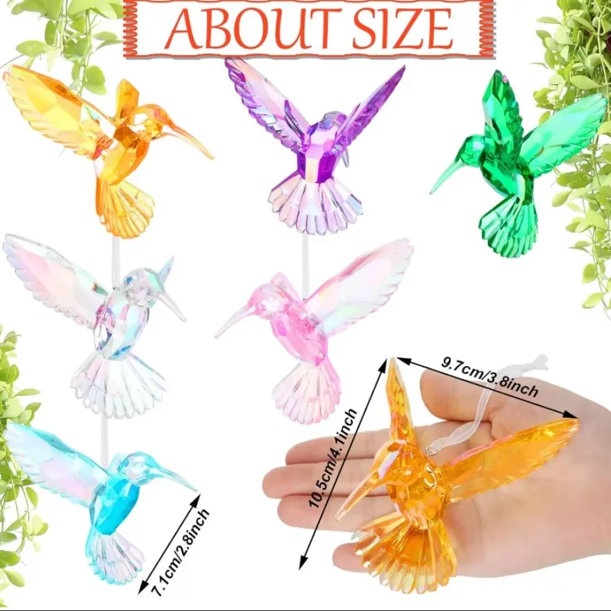 10pcs Hummingbird Hanging Ornaments Acrylic Animal Shiny Iridescent Figurines Hanging for Garden Tree Decoration Party Favor