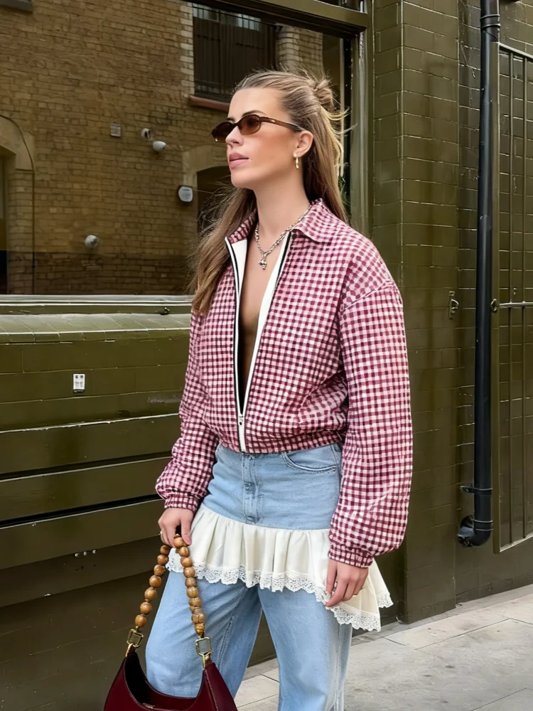 سترة نسائية قصيرة منقوشة باللون الأحمر كاجوال بياقة واقفة وأكمام طويلة وياقة واقفة وسحاب سترات فضفاضة للسيدات ملابس خارجية يومية للشارع #3