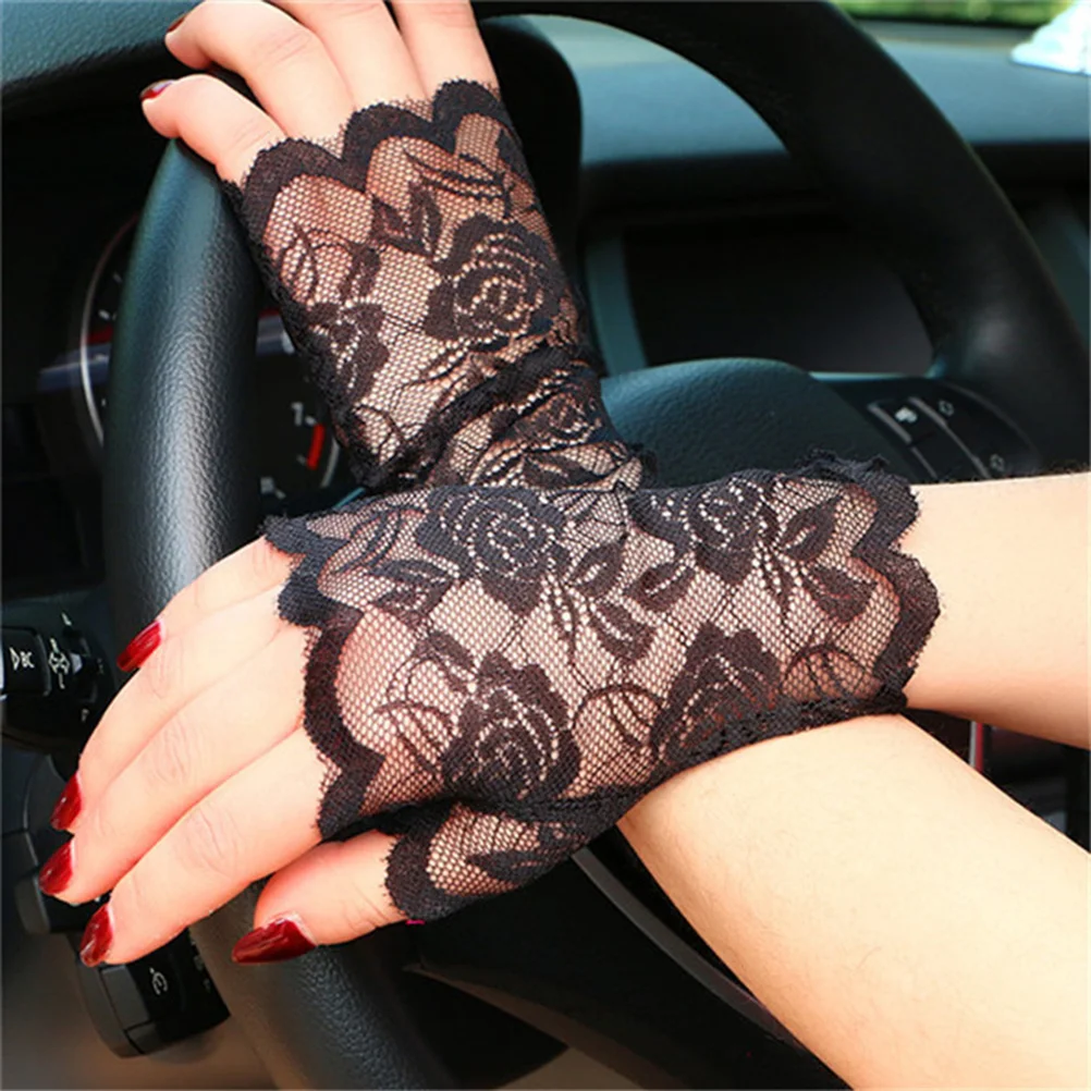 Fingerless Black Lace Gloves Pearl Accessories for Women Shorts Sun Block Woman Protection