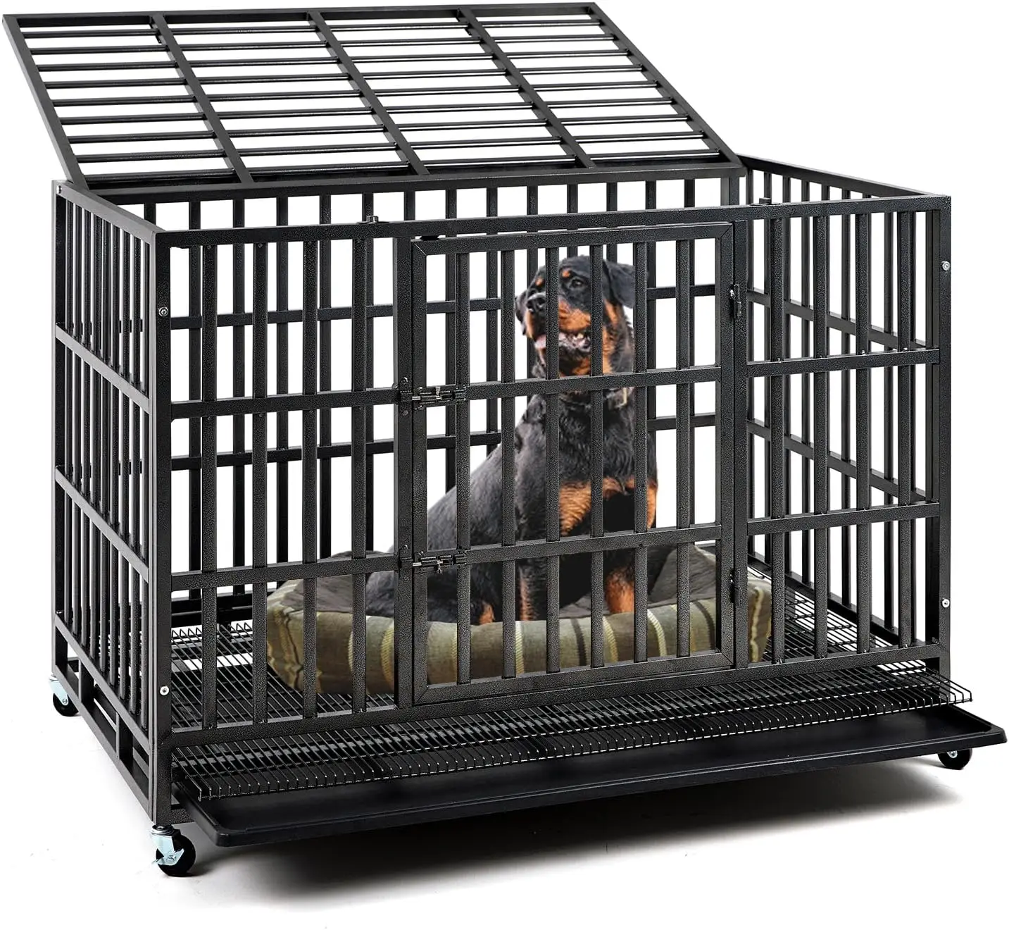 Inch Heavy Duty Indestructible Dog Crate Steel Escape Proof, Indoor Double Door High Anxiety Cage, Kennel with Wheels,