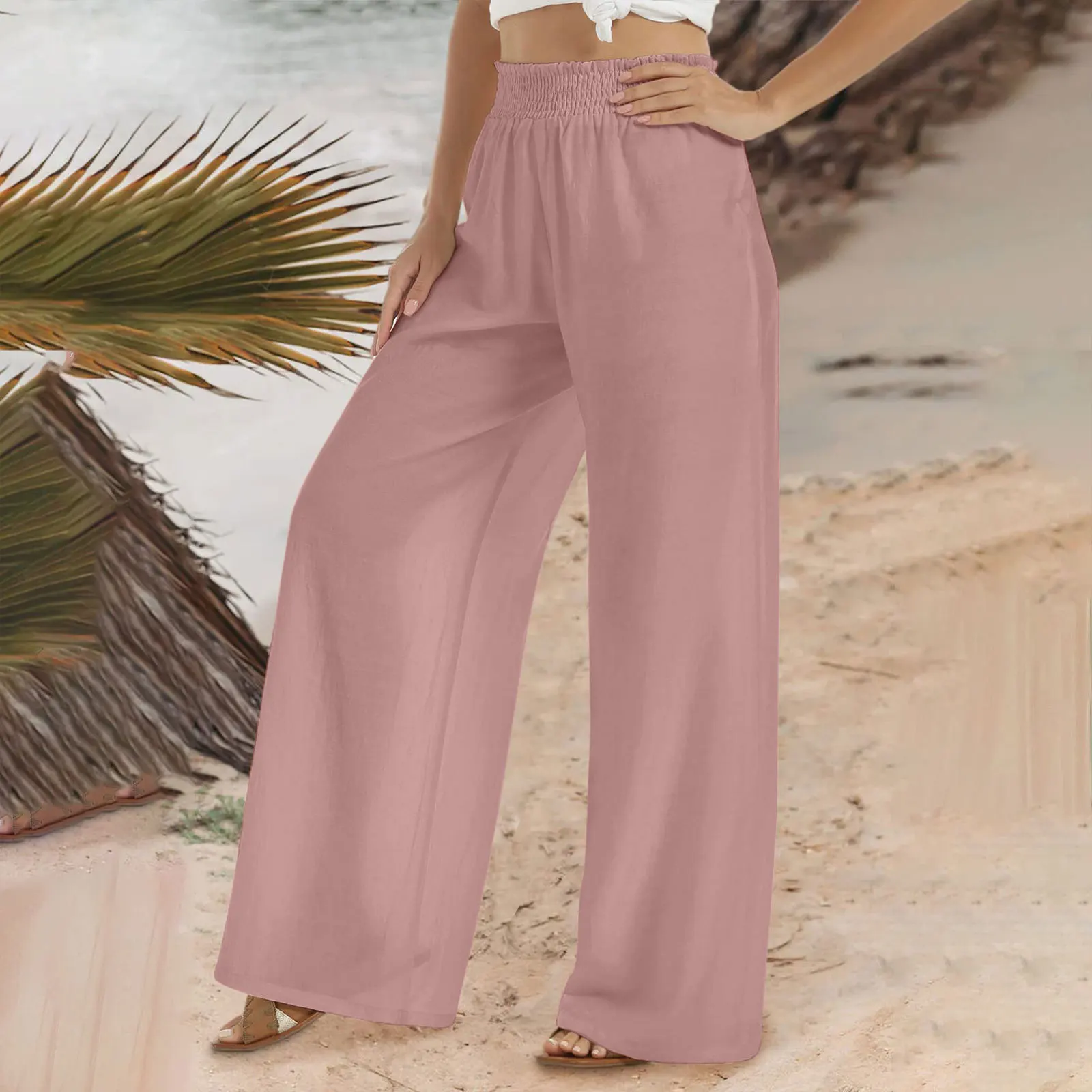 2023 Summer Women Pants Vintage Solid Color Elastic Waist Cotton Linen Trousers Casual Lady Loose Wide Leg Pants