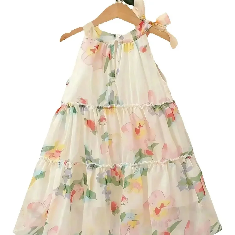 Girls' Floral Chiffon Princess Dress Summer Chic Boho Style Knee-Length with Bow Detail Perfect for Beach And Parties