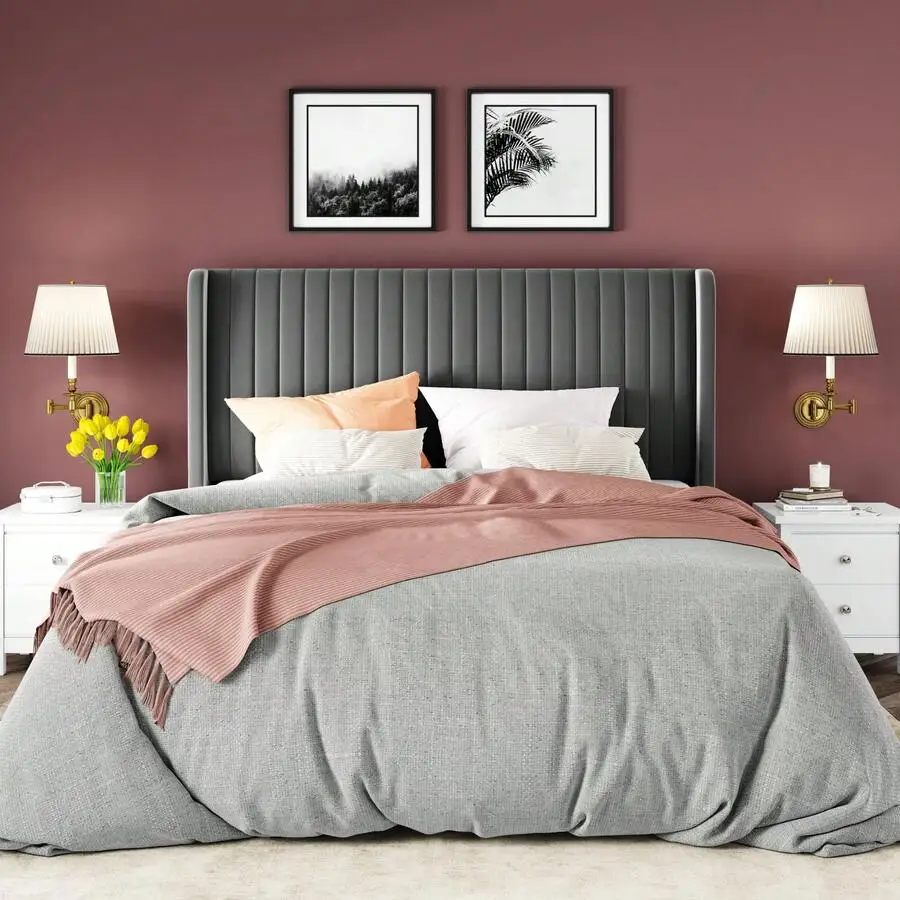 Full/Queen/King Size Velvet Bed Frame/Vertical Channel Tufted Wingback Headboard/Upholstered Platform Bed/Strong Wooden Slats/No Box Spring Needed/Easy Assembly/Grey