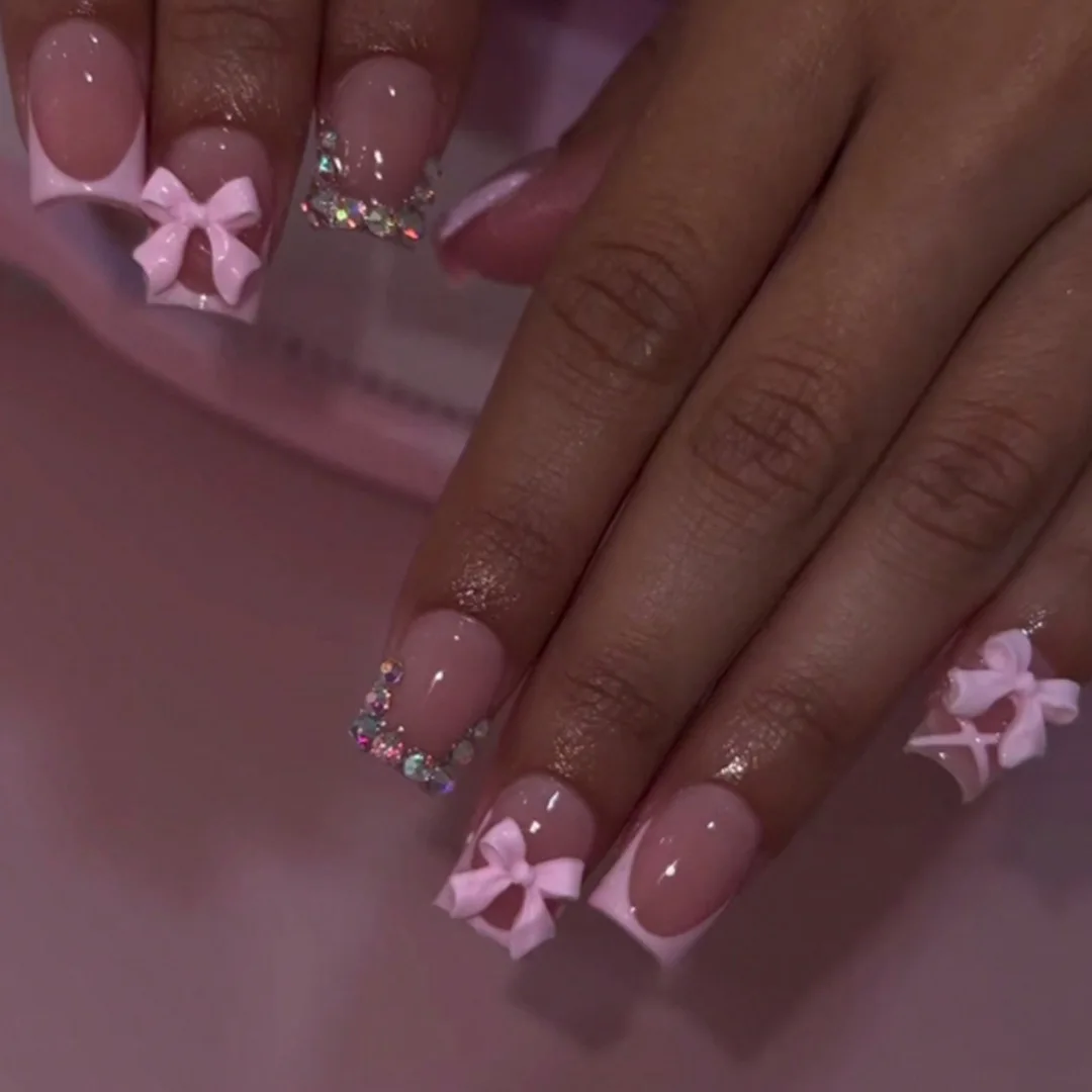 

White French Press on Nails 3D Bowknot Fake Nails Tips Full Cover Wearable False Nails for Women and Girls DIY Manicure 24Pcs