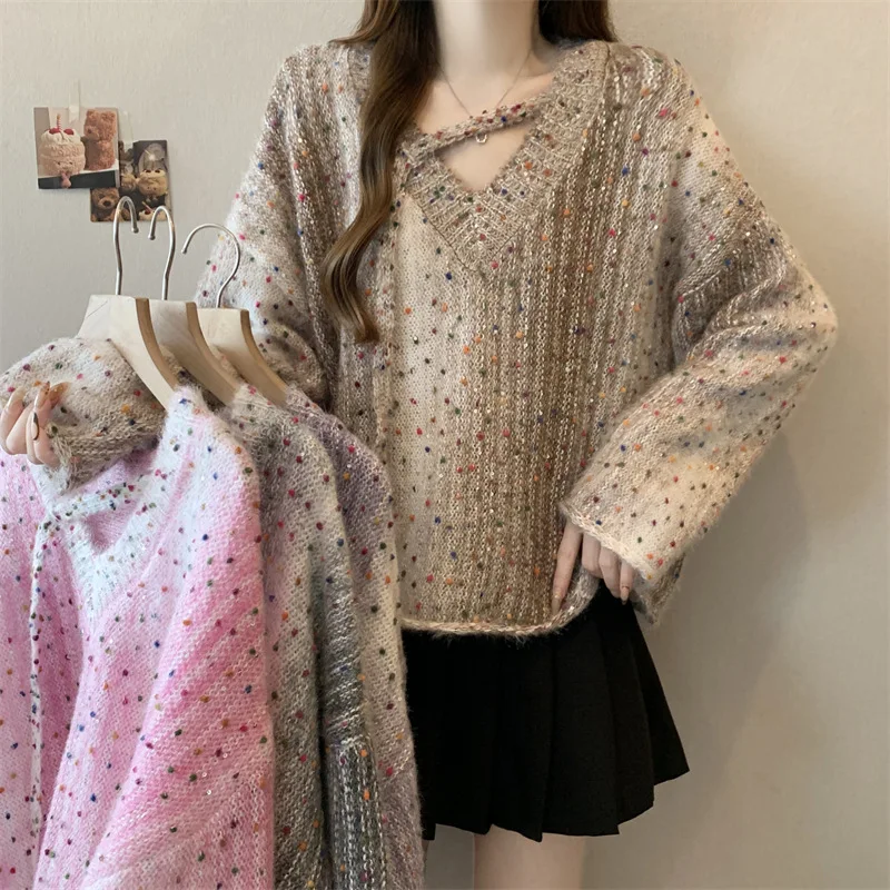 الكورية مطرز الملونة البولكا نقطة المرقعة لينة بريق سترة للنساء الخريف موضة جديدة أنيقة طويلة الأكمام البلوز الأعلى