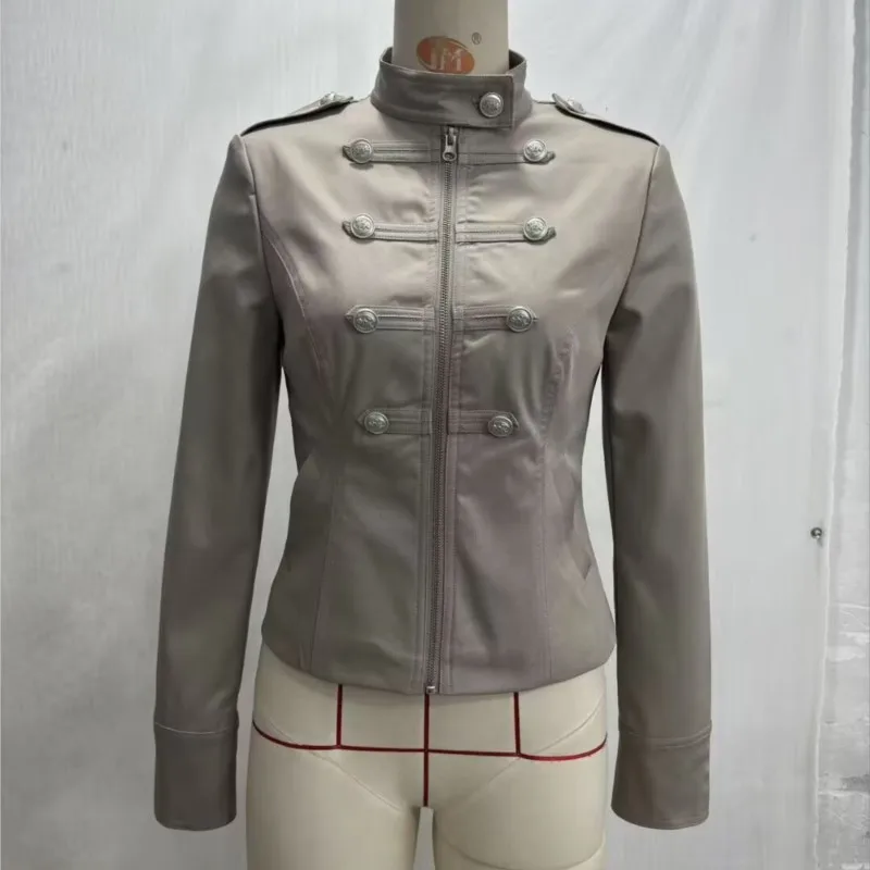 Women's Spring Fashion Splicing Button Decoration Short Coat Female Solid Stand Collar Long Sleeves Casual Slim Street Jacket