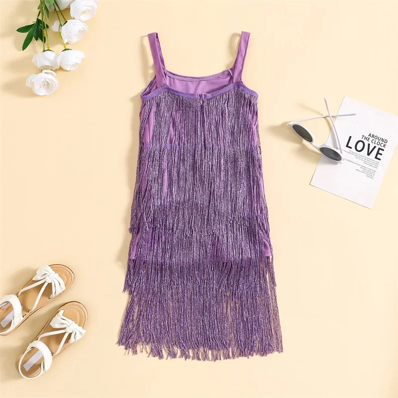 Baby Kids Girl’s Sequin Fringe Dress Sleeveless Tasseled Solid Summer Casual Dress Dance Outfits for Girls