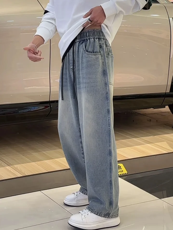 Spring New Men's Simple Fashion Washed Denim Pants Casual Loose Straight Leg Pants Versatile Comfortable Cotton Polyester