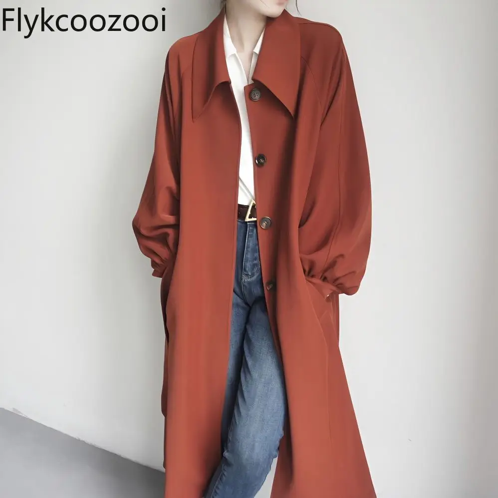 

2024 Vintage Caramel Heavy Trench Coat Single Breasted Lace-up Pocket Lantern Sleeve Women's Jaqueta Feminina Inverno