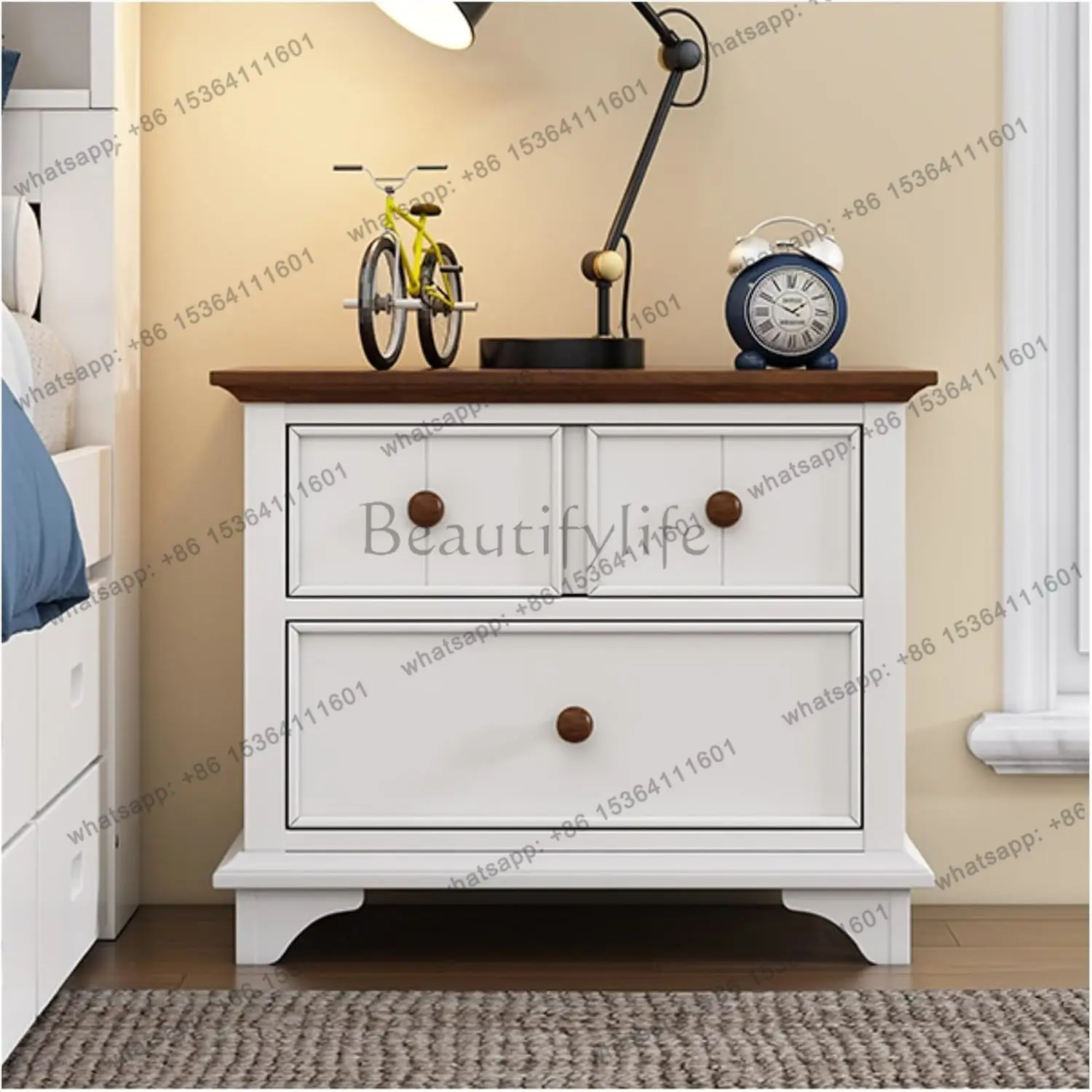 YJ Two-Drawer Nightstand Kids Night Stand End Side Table for Bedroom, Living Room, Kids' Room, White+Walnut