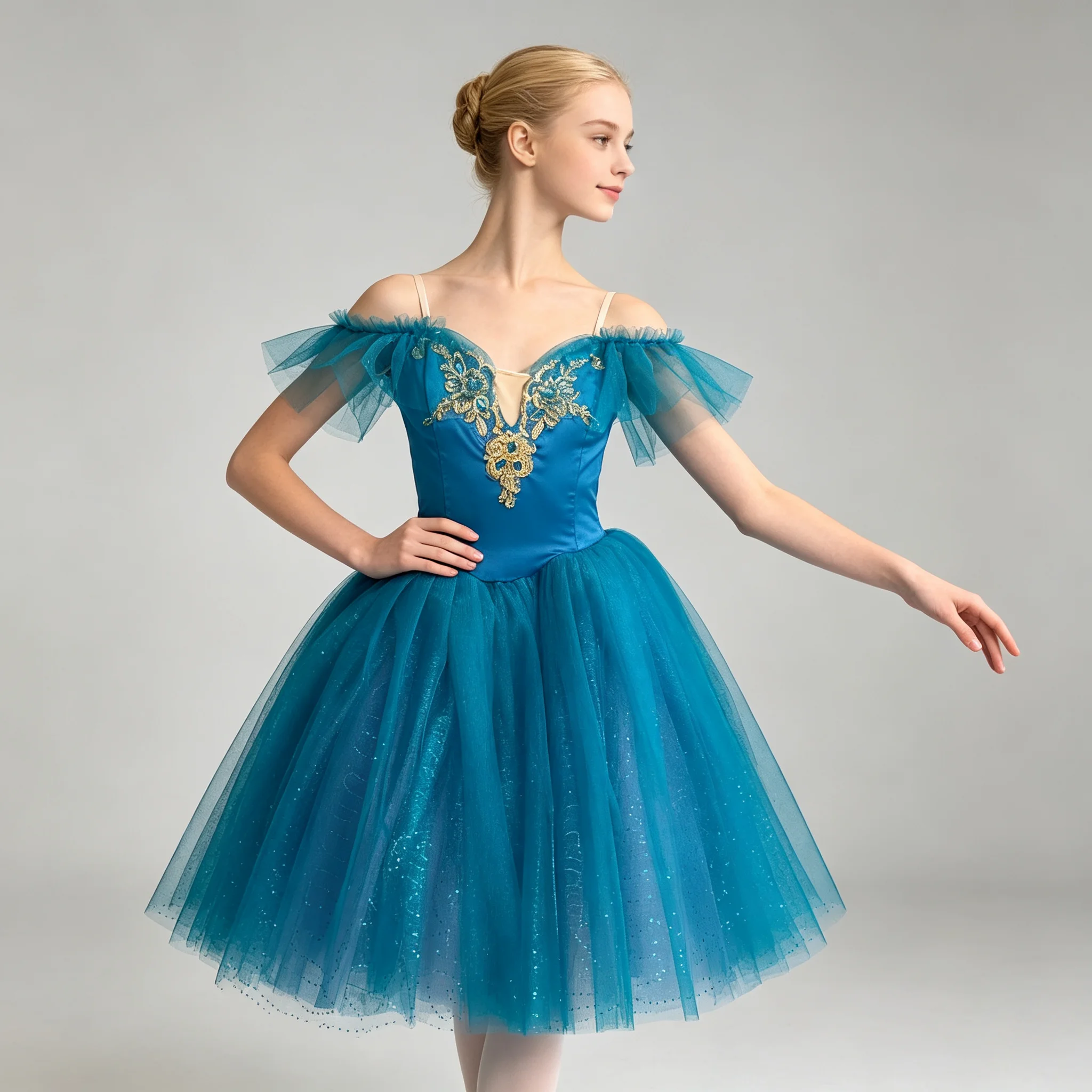 girls-professional-ballet-performance-dress-off-shoulder-tulle-sleeve-teal-blue-gold-applique-sequin-sparkle-stage-tulle-skirt