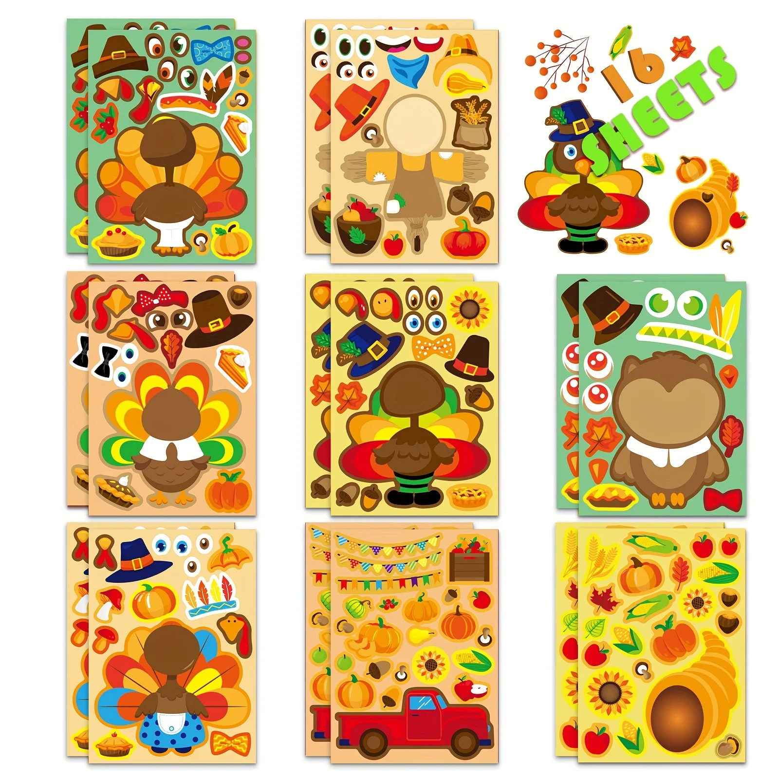 8/16 ورقة عيد الشكر تركيا ملصقات الاطفال جعل الوجه ألعاب الحفلات الأنشطة الحرفية الفن DIY بها بنفسك الخريف الخريف لوازم الحفلات #1