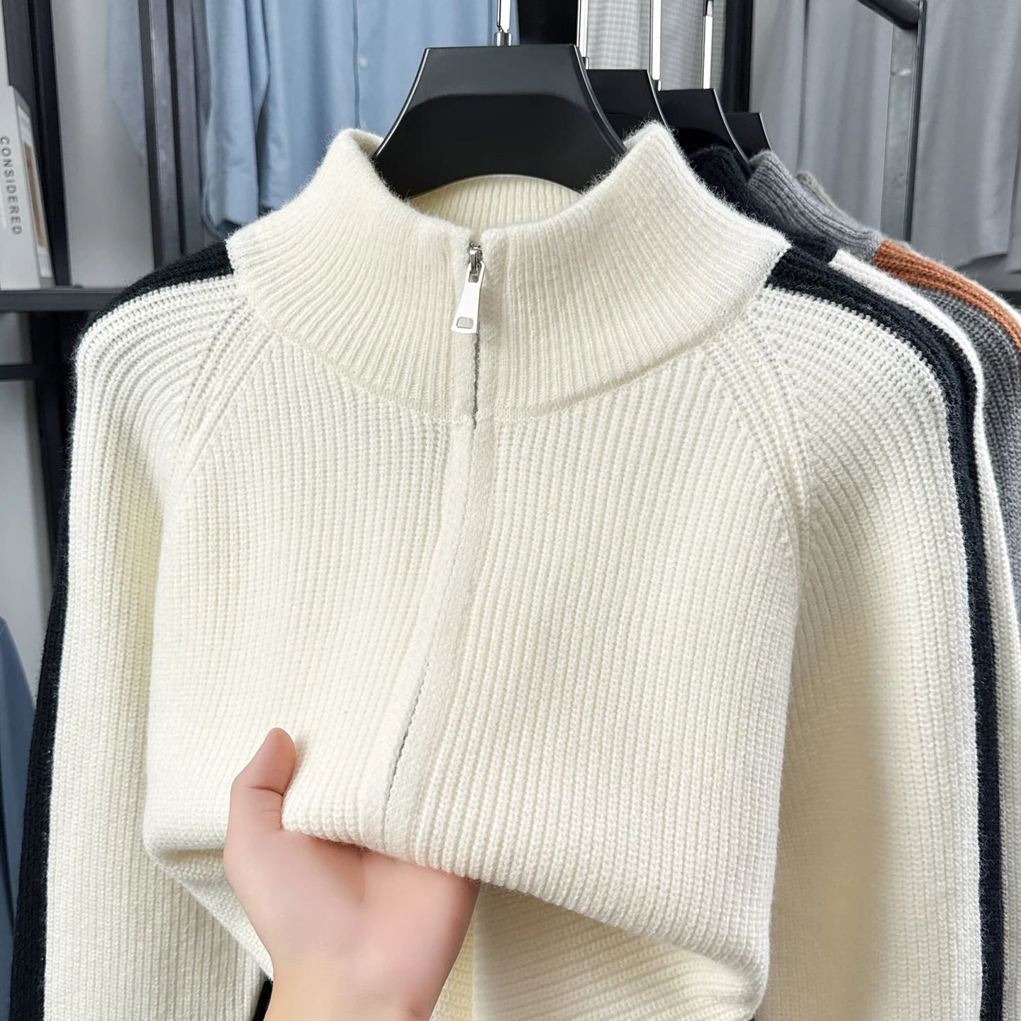 Light luxury men new sweater cardigan fashion color blocked autumn winter comfort stand collar high-quality zipper knitted coat