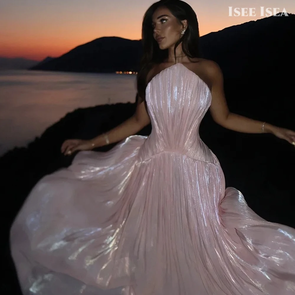 

Glamorous Pink Metallic Evening Dresses Satin Flowy Formal Gala Red Carpet Gown Strapless A-line Shiny Prom Dress Customizd