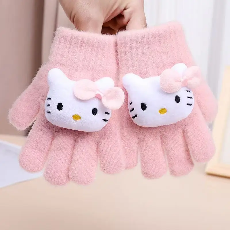 

For Kuromi Winter Windproof and Warm Children's Thick Knitted Finger Covers KT Cat Gloves
