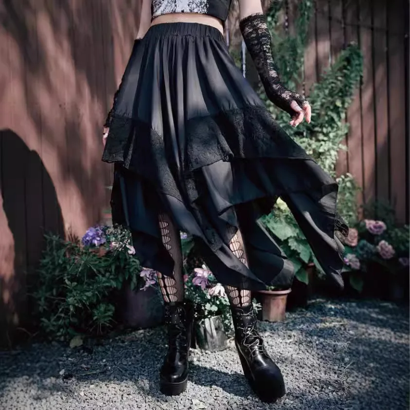 

Gothic Punk f Skirt with Lace Patchwork Handkerchief Hem Street Sle Polyester Fabric Midi Skirt for Women