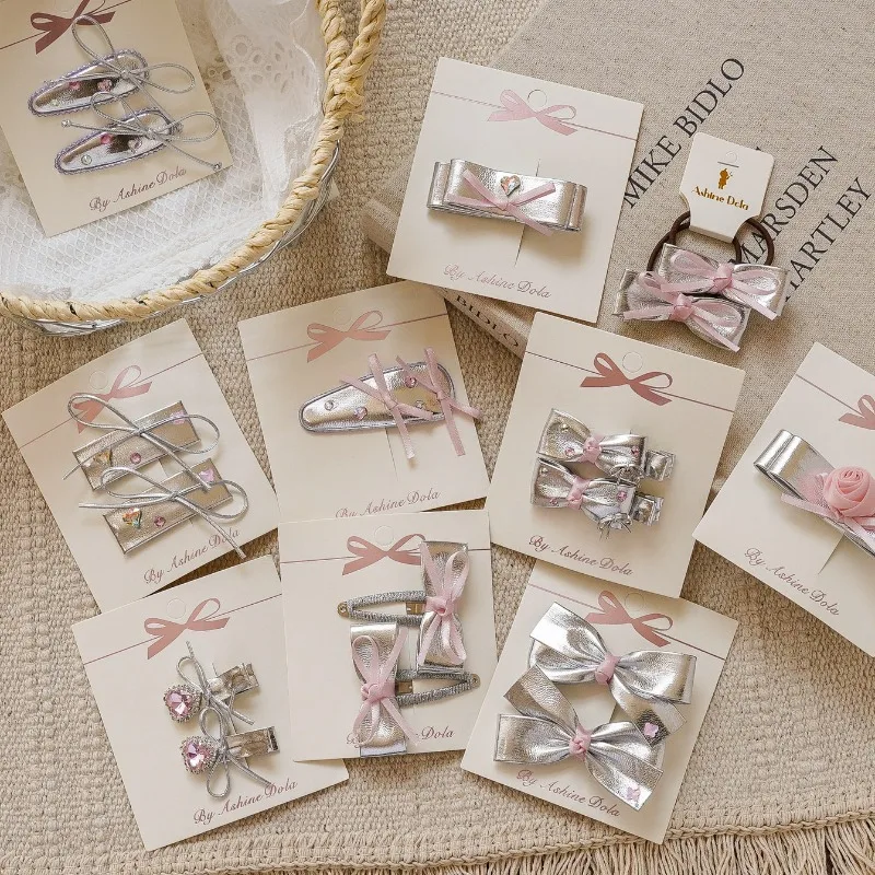 Silver - pink kids' BB clips: shiny silver leather, bows & rose rhinestones,super cute & eye - catching,must - haves , versatile